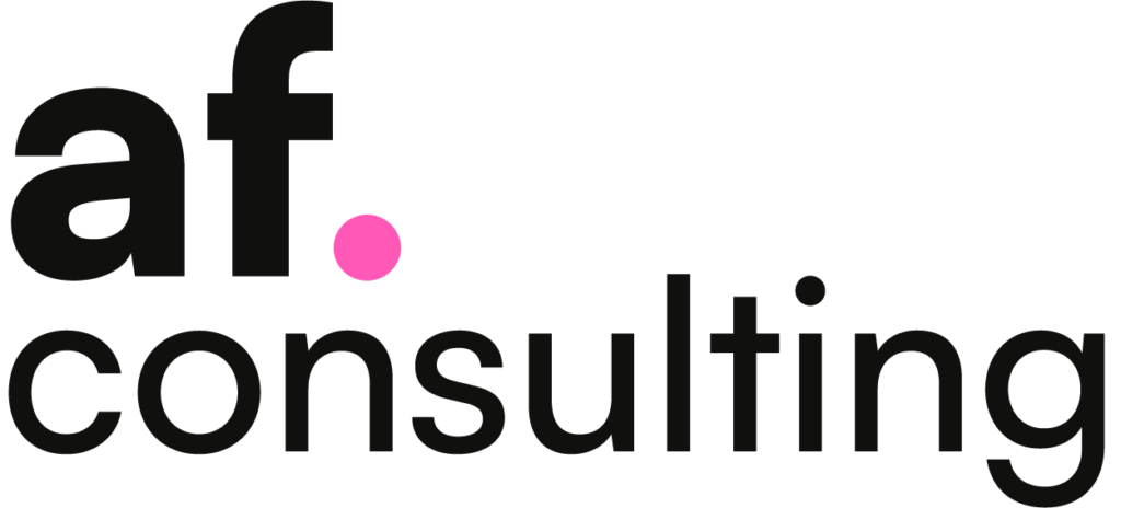 Logo von af.consulting mit schwarzem Schriftzug 'af' gefolgt von einem pinken Punkt und dem Wort 'consulting' in schwarzer Schrift